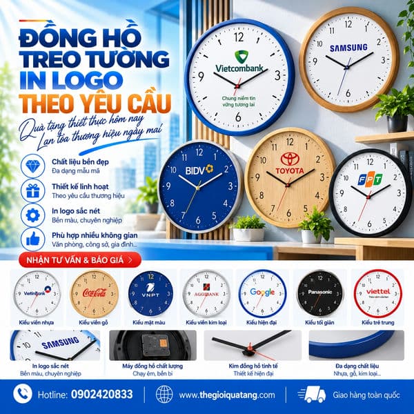 đồng hồ treo tường quà tặng in logo